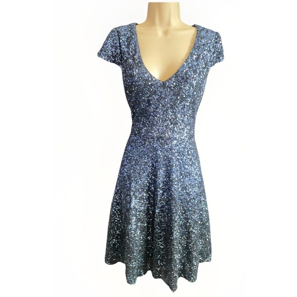 Badgley Mischka $495 Blue Ombré Sequin A Line Dress Size 12